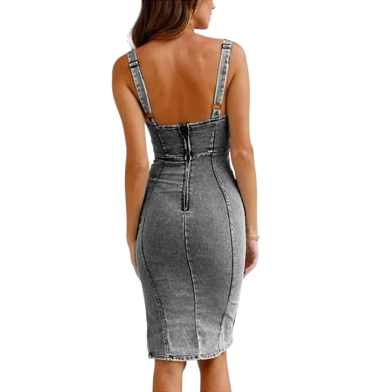 Aubrey – Verstellbares Damen-Denimkleid mit Frontreißverschluss und Seitenschlitz