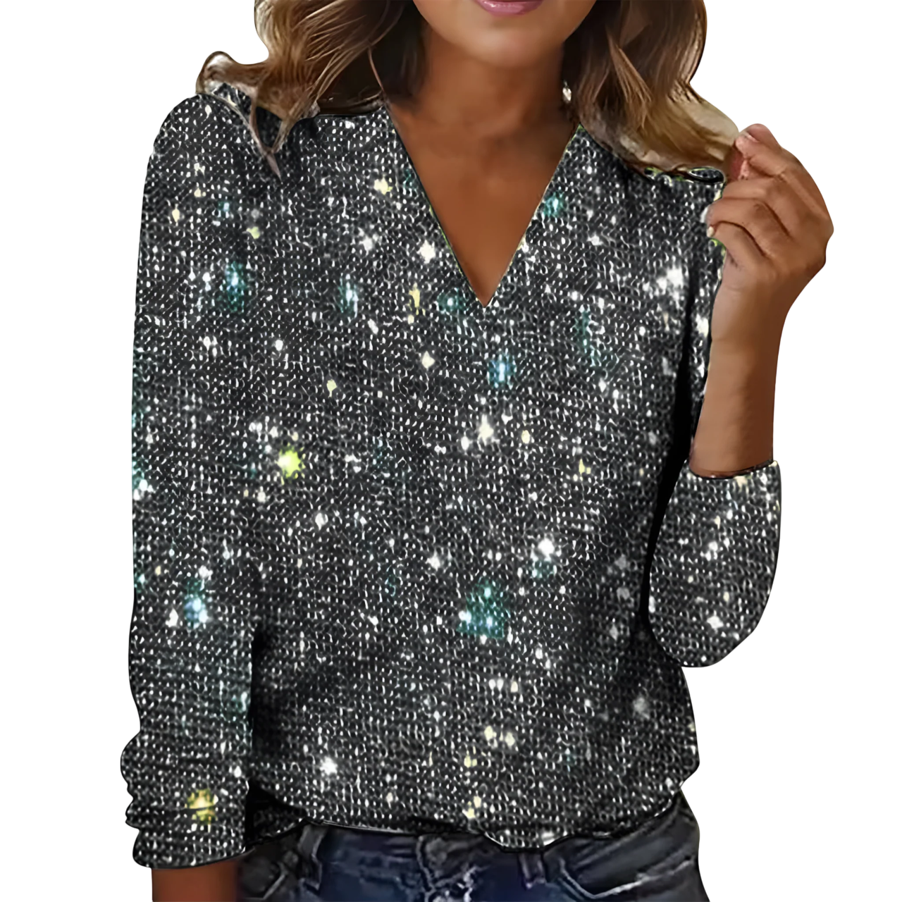 Elara™ – V-Ausschnitt Glitzerbluse