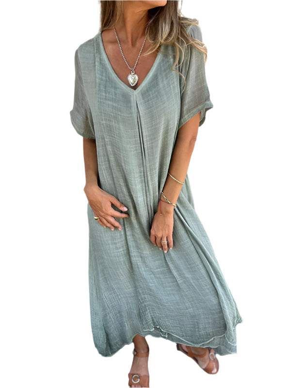 Xoey - Baumwoll- & Leinen V-Ausschnitt Sommerkleid