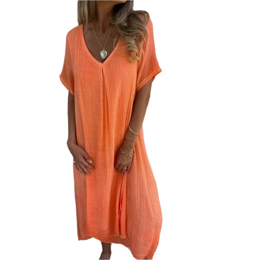 Xoey - Baumwoll- & Leinen V-Ausschnitt Sommerkleid