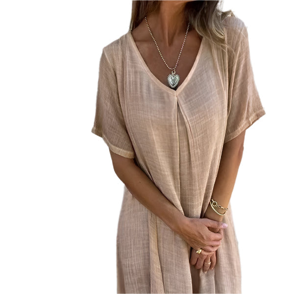 Xoey - Baumwoll- & Leinen V-Ausschnitt Sommerkleid