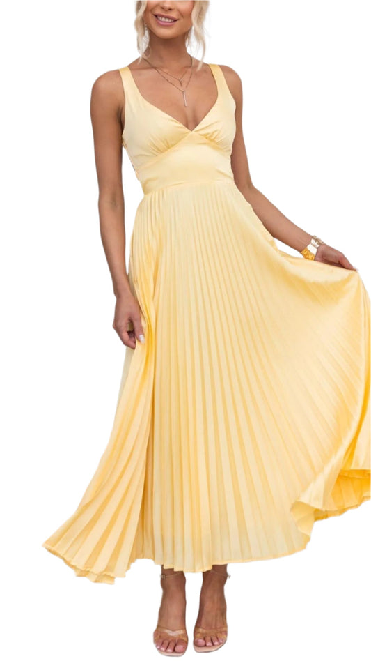 Faye – Gelbes Plissiertes Maxikleid mit V-Ausschnitt